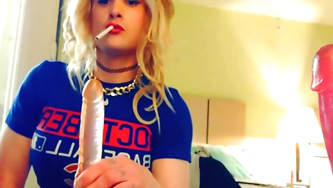 Blonde slut in stockings masturbating with her huge sex toy