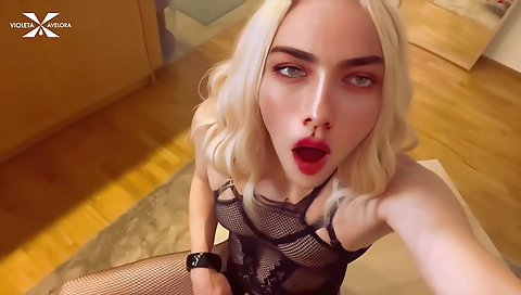 Blonde shemale undresses and rides a toy in lingerie
