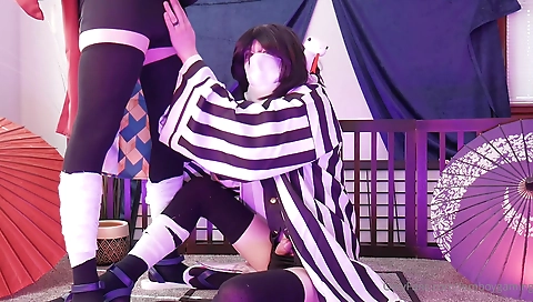 Hot asian babe gets a cumshot in her sexy stockings