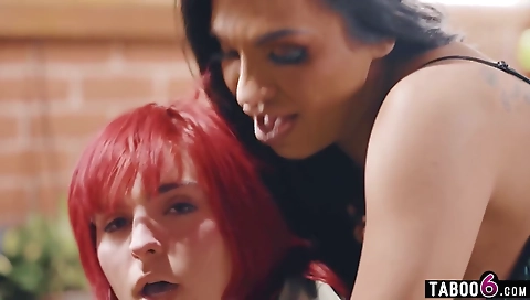 Trans babe with a hot booty sucks and rides two huge cocks