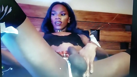 Busty shemale with a shaved pussy is fucking herself