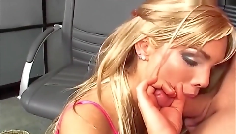Horny blonde with big tits in a interview with a handsome guy