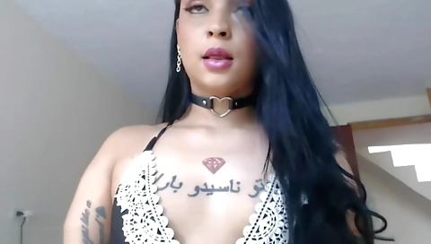 Transsexual girl is filming her vagina with big cock
