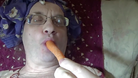 Busty mature blonde with small body fucked with a dildo