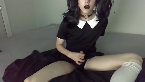 Hot amateur solo shemale masturbates with a vibrator