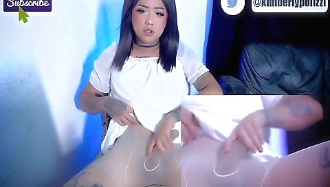 Asian teen with tattooed pussy enjoys a custom pantyhose video