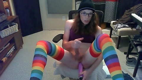 Cute tgirl fingers ass and struggles with a huge vibrator