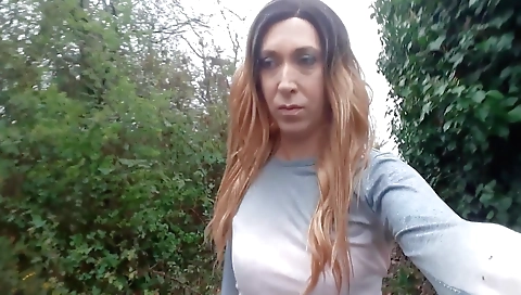 Amateur solo shemale in stockings cums in the public area