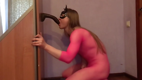 Hot blonde shemale gets too excited from deepthroating