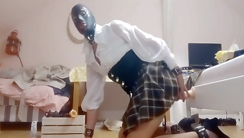 Sexy shemale with stockings masturbating with a dildo