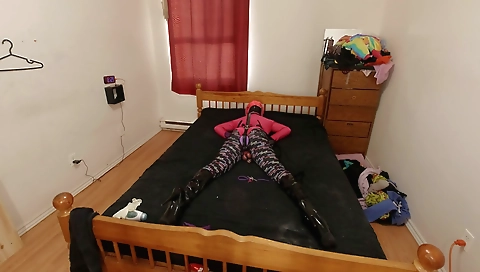 Teen girl plays with her own body while wearing a leather outfit