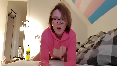 Cute femboy riding dildo while wearing cute pink hoodie