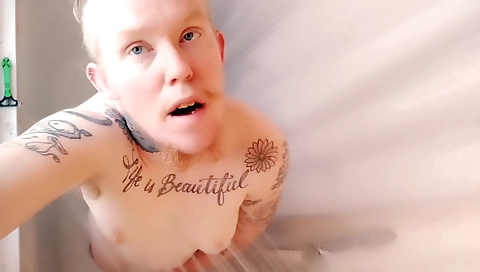 Trans Man Plays With His Erect Nipples Edging In Shower