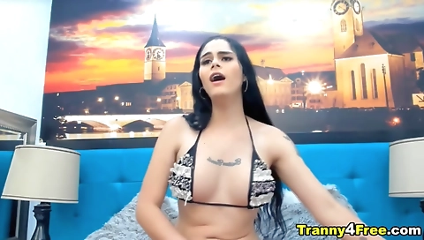 Beautifully Bare-chested Shemale Faps Her Huge Cock