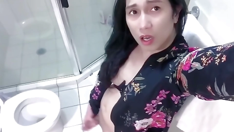 Solo Trans Anairb Pee And Masturbate And Cum In The Hotel Toilet